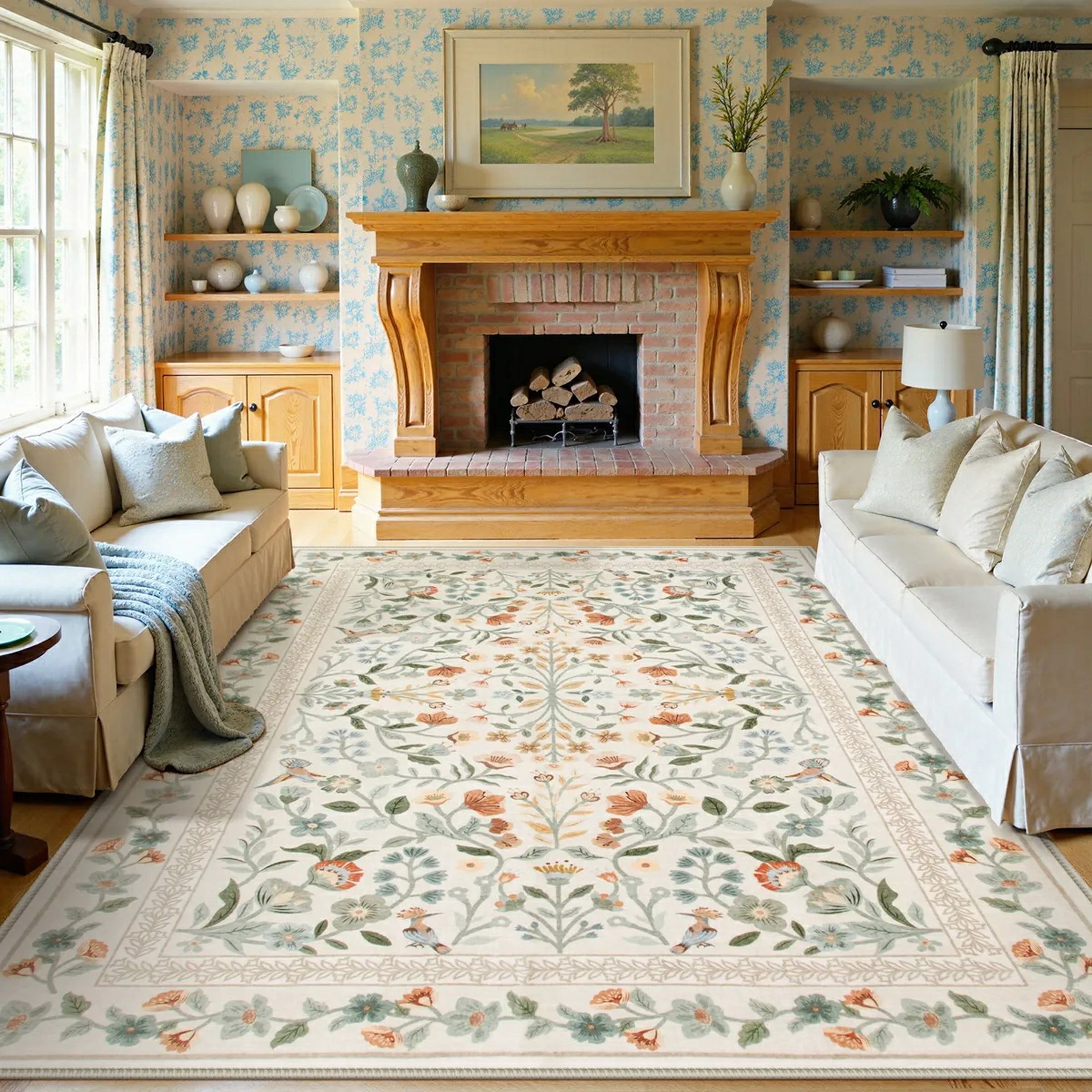 Moynesa 9'x12' Floral Area Rugs for Living Room, Washable Large Vintage Botanical Rugs for Bedroom, Soft Non Slip Cottagecore Flower Accent Carpet for Dining Room Dorm Apartmen, Beige