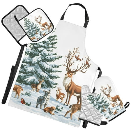 Ryvnso Elk Reindeers Kitchen Apron Oven Mitts Set Pot Holders