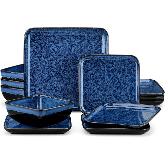 Blue Square Reactive Glaze Stoneware Dinner Set 12 Pieces Service for 4