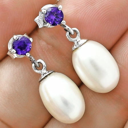 Natural Fresh Water Pearl Drop & Amethyst 925 Silver Earrings Jewelry E-1062 AGE1022_A
