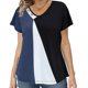 thumbnail image 1 of Camiseta de color en contraste para mujer, camiseta estampada con cuello en V, camisetas de manga corta informales de verano, azul oscuro 2XL, 1 of 6