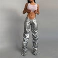 thumbnail image 3 of Pantalones casuales rectos de cintura baja sexys de cuero sintético plisado de moda para mujer de estilo europeo y americano de otoño, 3 of 6
