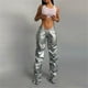 thumbnail image 5 of Pantalones casuales rectos de cintura baja sexys de cuero sintético plisado de moda para mujer de estilo europeo y americano de otoño, 5 of 6