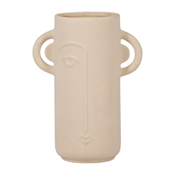 Sagebrook Home Ivory Ceramic 10" Face Vase with Suar Wood Handles