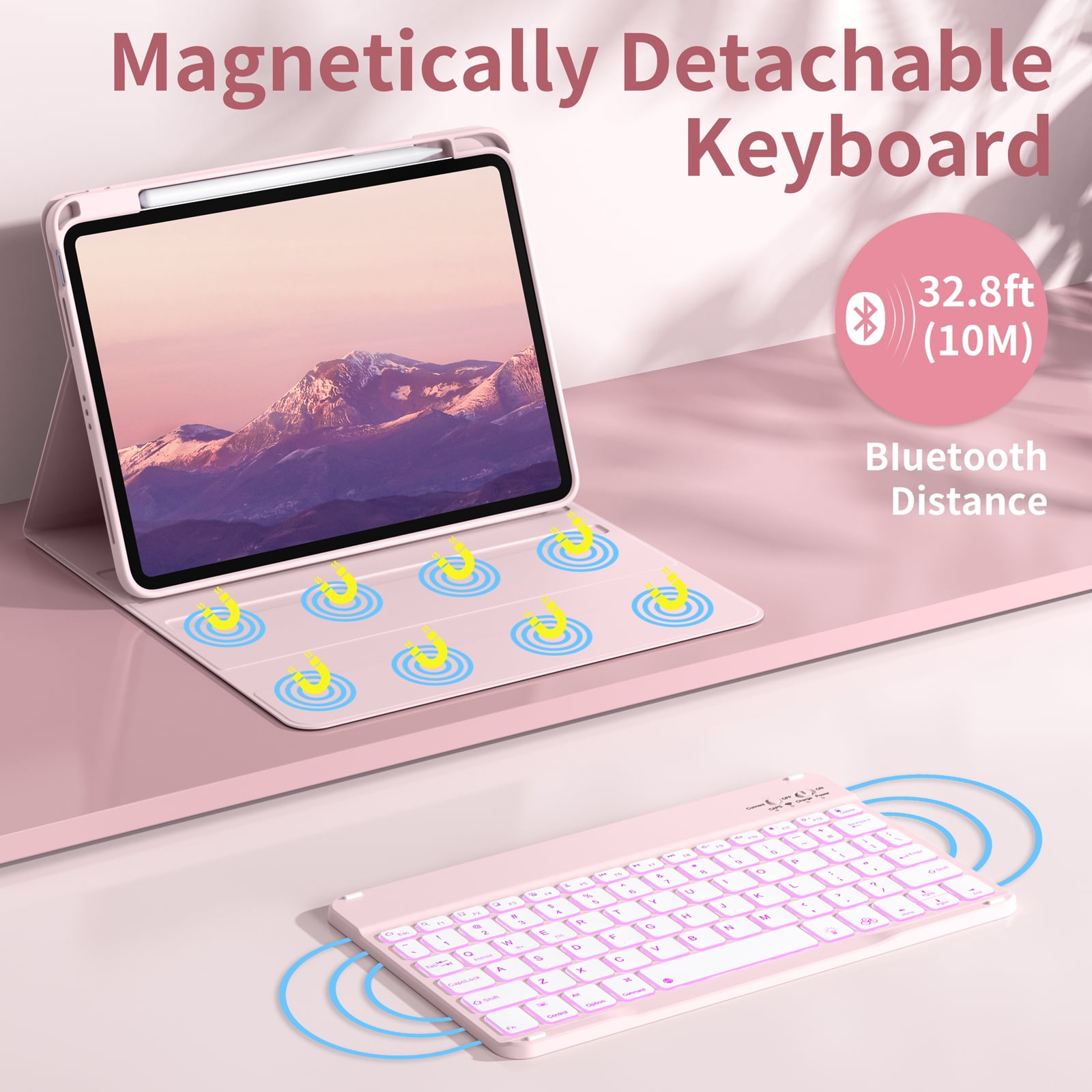 Kenke Case iPad (A16) 11th Generation 11 inch 2025,for iPad 10th Generation 10.9 Inch 2022 with Keyboard - 7 Colors Backlit Wireless Detachable, with Pencil Holder Keyboard Case,(Pink )