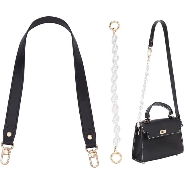 2 Styles Purse Chain Strap Kits 23.6 Inch Short PU Leather Handbag Shoulder Strap 12.2 Inch Flat Pearl Beaded Bag Strap Extender Chain DIY Bag Chain Strap Replacement for Wallet Clutch Satchel