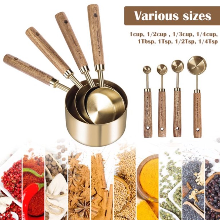 Measuring Cups and Spoons Set 8 Piece. Includes 4 Gold Easy to