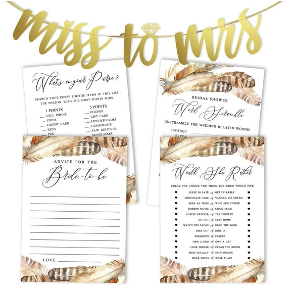 Inkdotpot Bridal Shower Games Set Of 4(50 Sheets Each) w / Miss to Mrs Gold Banner Feathers Fun Bachelorette Party Games Set Bundle