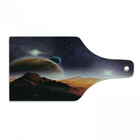 Galaxy Cutting Board, Solar Sky Nebula Orbit Comet Horizon System Earth and Cosmos Fantasy Image, Tempered Glass Cutting and Serving Board, Wine Bottle Shape, Purple Dark Orange, by Ambesonne