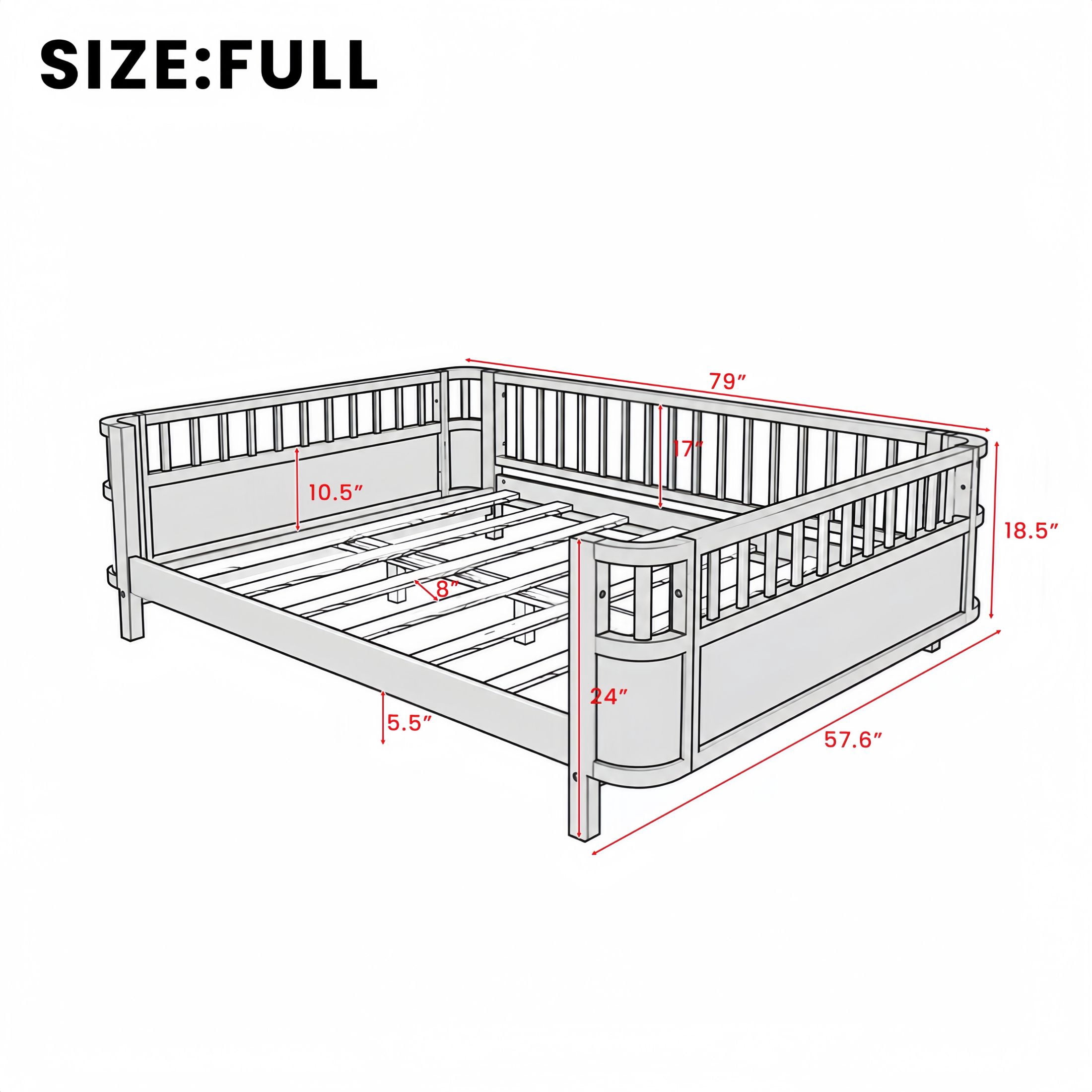 GDF Studio Darpel Full Size Wooden Montessori Bed Frame with Guard Rails, Pine Wood Low-Profile Floor Kids Bed, White