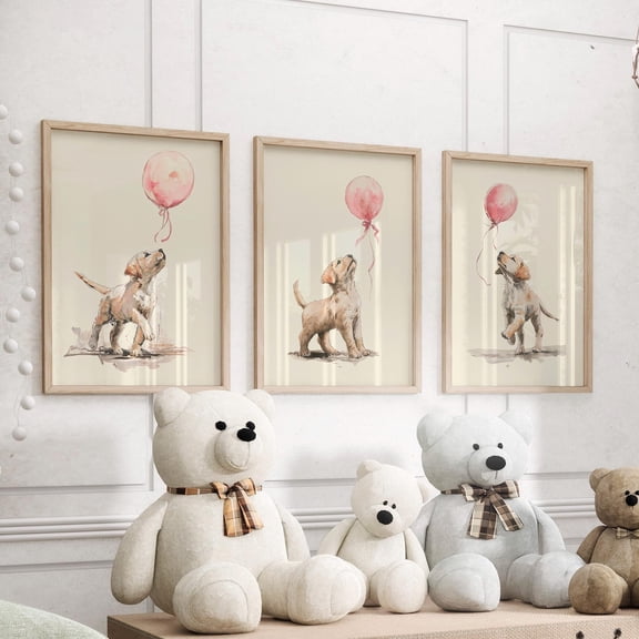 Luvia Labrador Retriever Puppy With Pink Balloon Wall Art Set Of 3 Poster Or Print, Animal Art, Dog Print Girls Nursery Decor, Modern Wall Decor Set 3 Prints 8x12 UNFRAMED