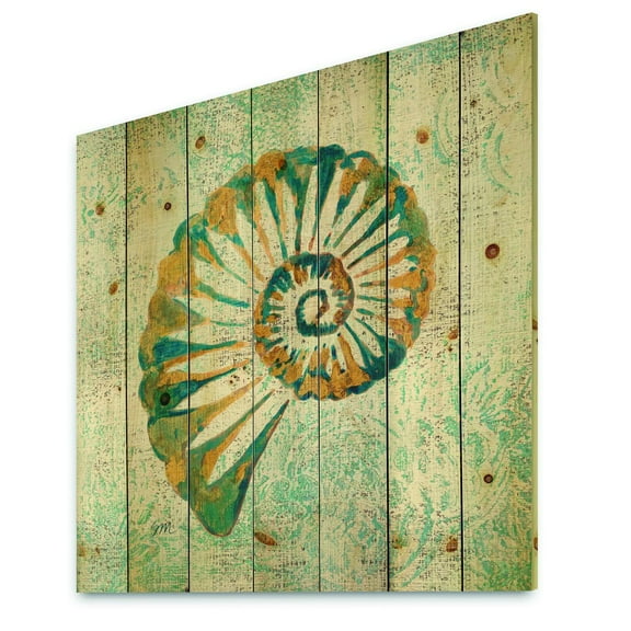 Designart 'Spiral Shell Hand Painted' Nautical & Coastal Print on Natural Pine Wood