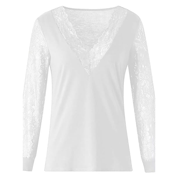 Blusa de mujer tops de encaje sexy túnica suelta camiseta larga tops de manga larga camisa larga con cuello en V