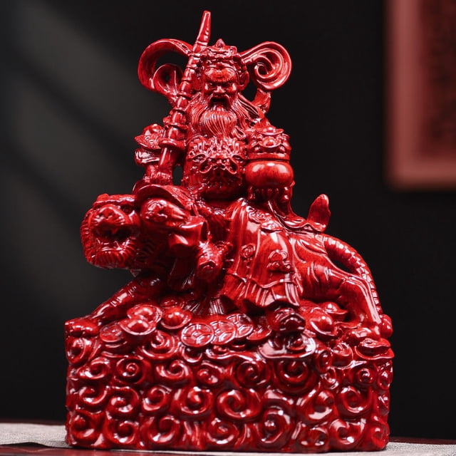Ebony solid wood carving of Zhao Gongming, the God of Wealth riding a tiger, a decorative craft for the living room or entryway.