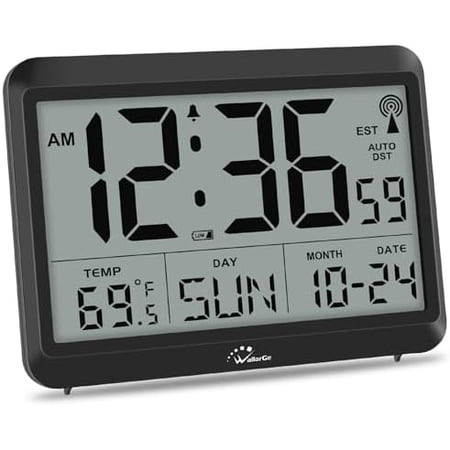 Atomic Digital Wall Clock Battery Operated, Self-Setting, Large Display with Temperature, Date, Day of The Week, Silent Wall Mount Digital Clock, 4 Time Zones, DST