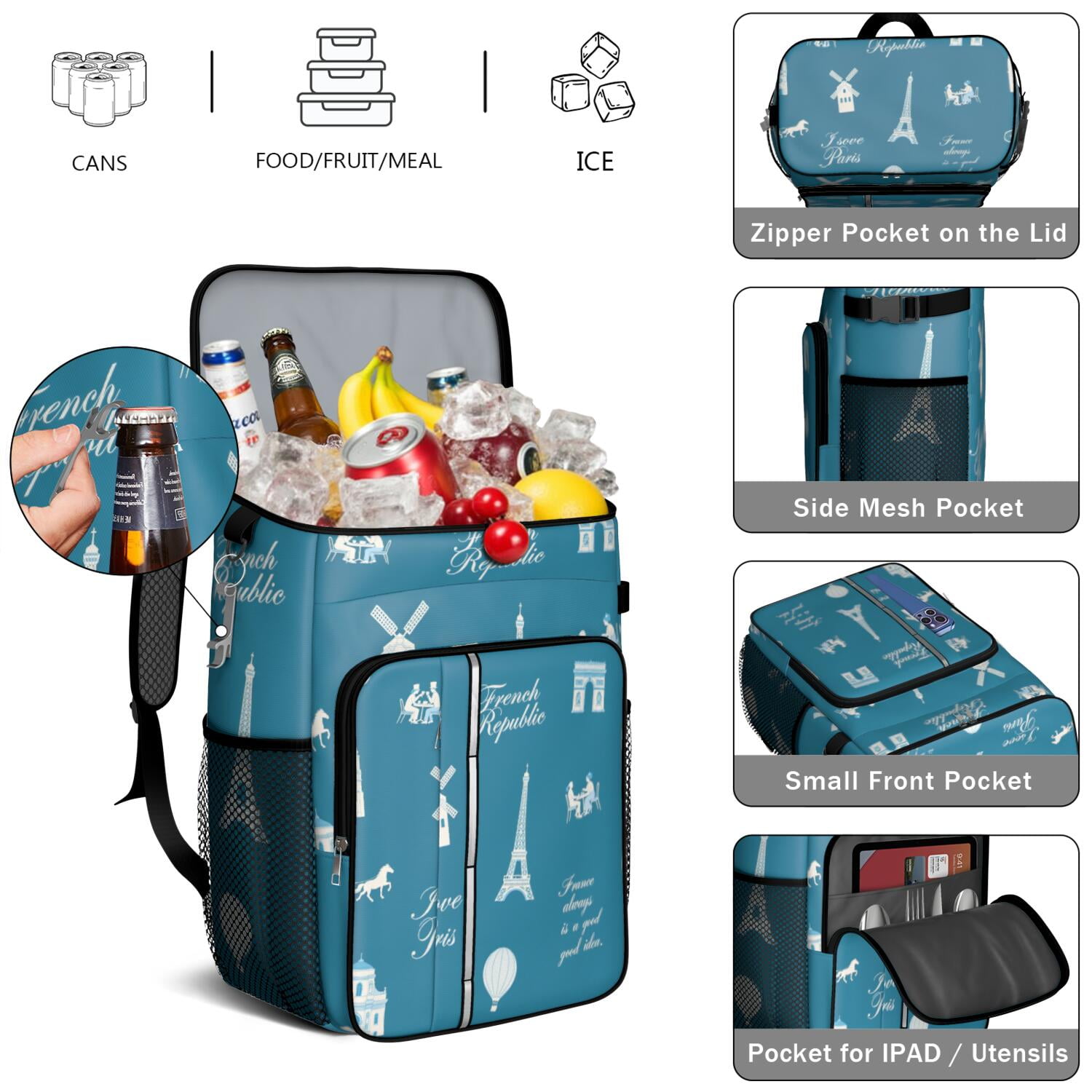 Cooler Backpack 26 Cans Insulated Backpack Cooler for Men & Women,Eiffel Tower Lunch Backpack for Office Workers