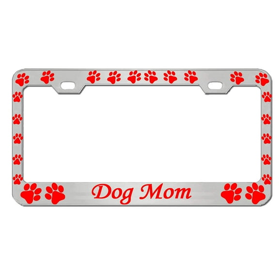 Dog Mom Style Heavy Duty Metal License Plate Frame Personalise/Car Accessories Car Tag Holder Cover (Chrome/Red)