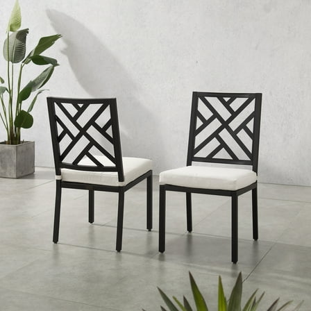 Outdoor Metal Dining Chairs Set of 2 - Matte Black Patio Chairs with Cushions