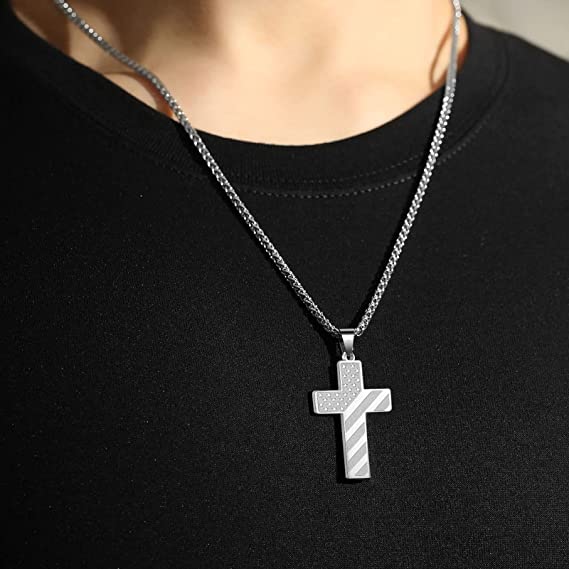 APSVO Silver Cross Necklace for Men Boys Bible Verse Stainless Steel ...