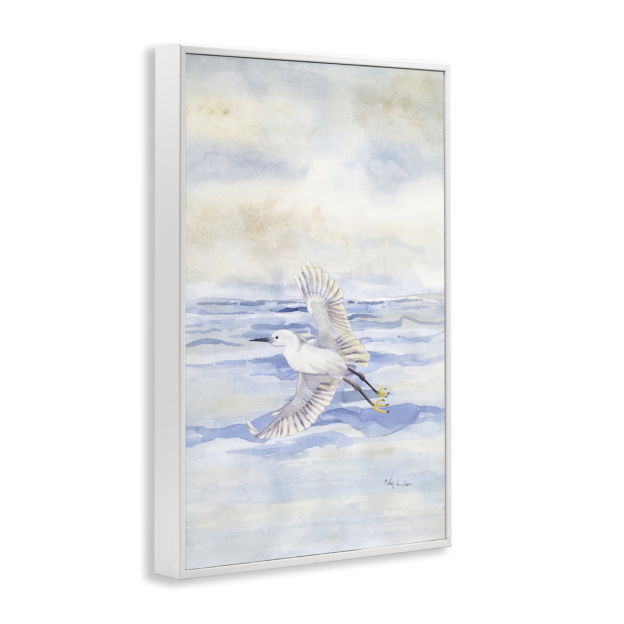 Stupell Industries Flying Heron Over Water Landscape Painting White Framed Art Print Wall Art, 16 x 24
