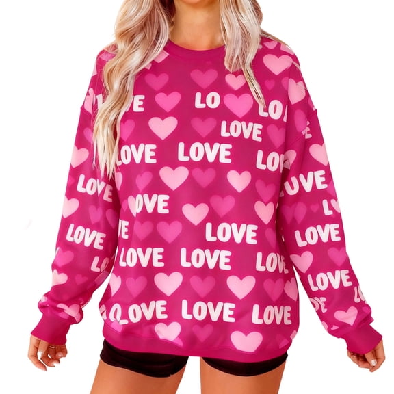 Hot Pink Valentine's Day Sweatshirt for Women - Oversized Love Print Crewneck with Hearts, Long Sleeve Romantic Graphic Top,Size 2XL