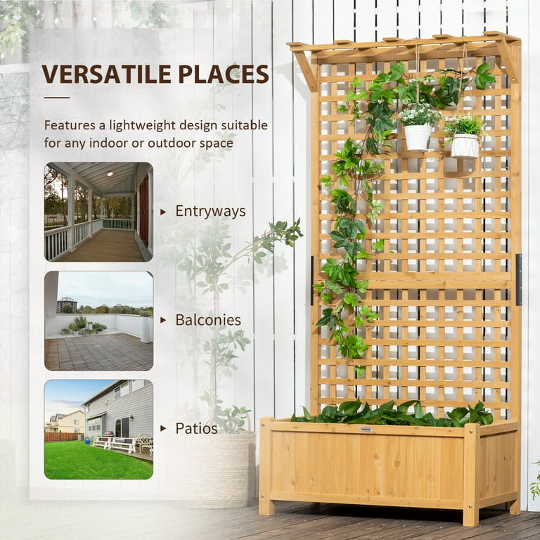 Outsunny Wood Planter with Trellis, Raised Garden Bed for Climbing Plants w/ Drainage Holes and Roof - Yellow