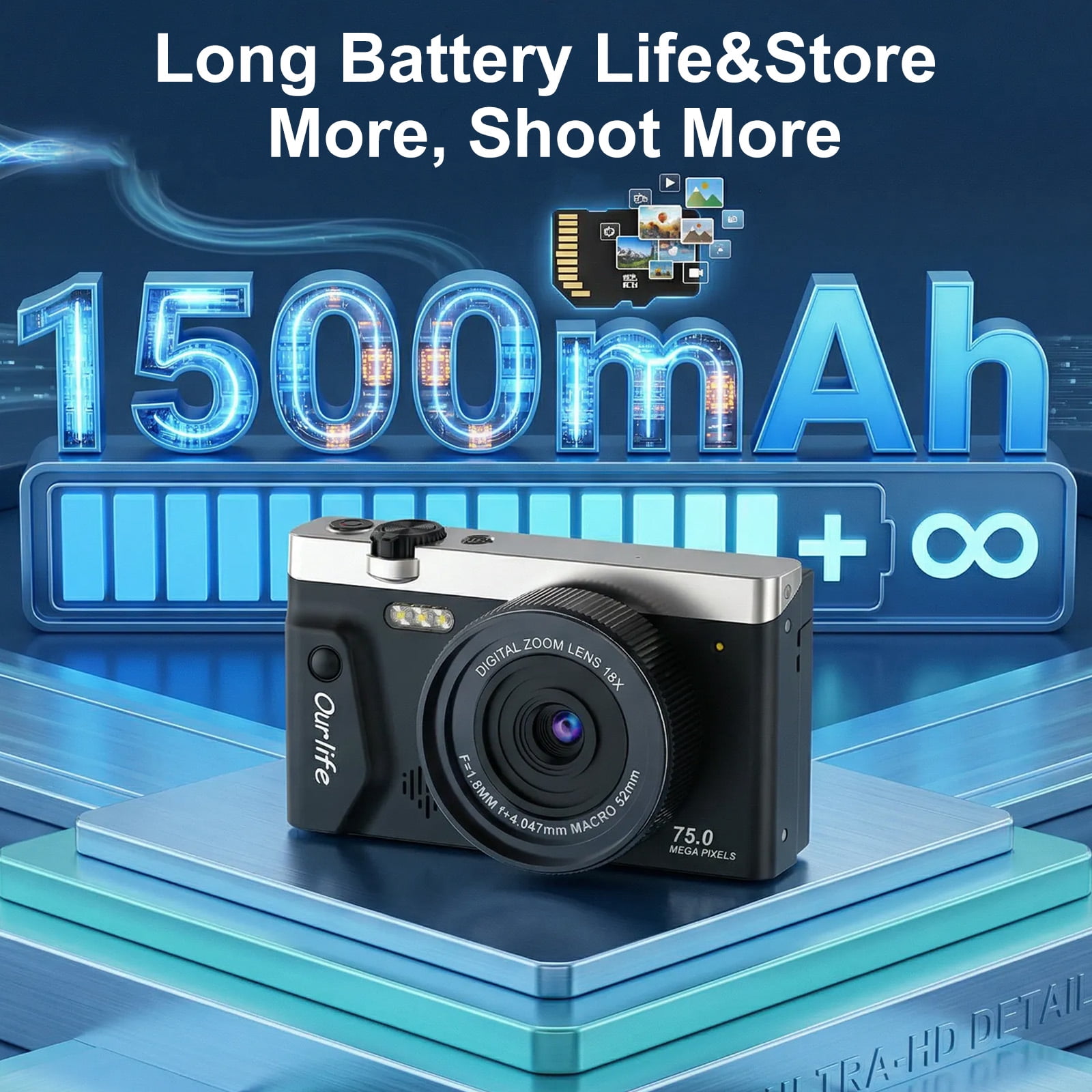 Ourlife 4K 75MP Digital Camera for Photography Autofocus Vlogging Camera with 18X Zoom, 3" Flip Screen,Black