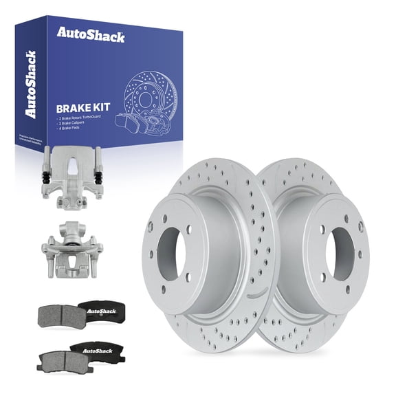 AutoShack Rear Solid Drilled & Slotted Coated Brake Rotors Silver Matte Finish   Ceramic Pads   Calipers 8-PC Brake Kit Replacement for 2009-2011 Mitsubishi Outlander TurboGuard 11.85" (301.1 mm)