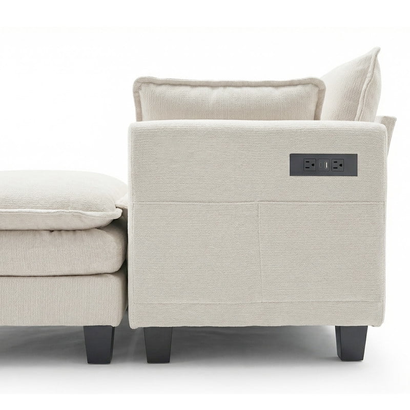 Modern 110"W Chenille L-Shape Sectional Sofa Set,3-Seat Sofa Couch + Ottoman, USB Port, Side Pocket