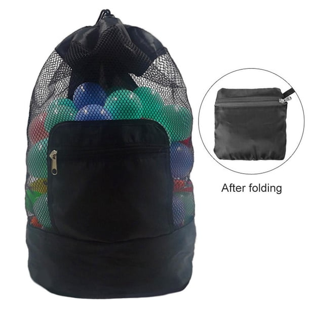 Bolso de hombro de playa para niños, mochila plegable de malla para juguetes de playa, sin pelotas (negro)
