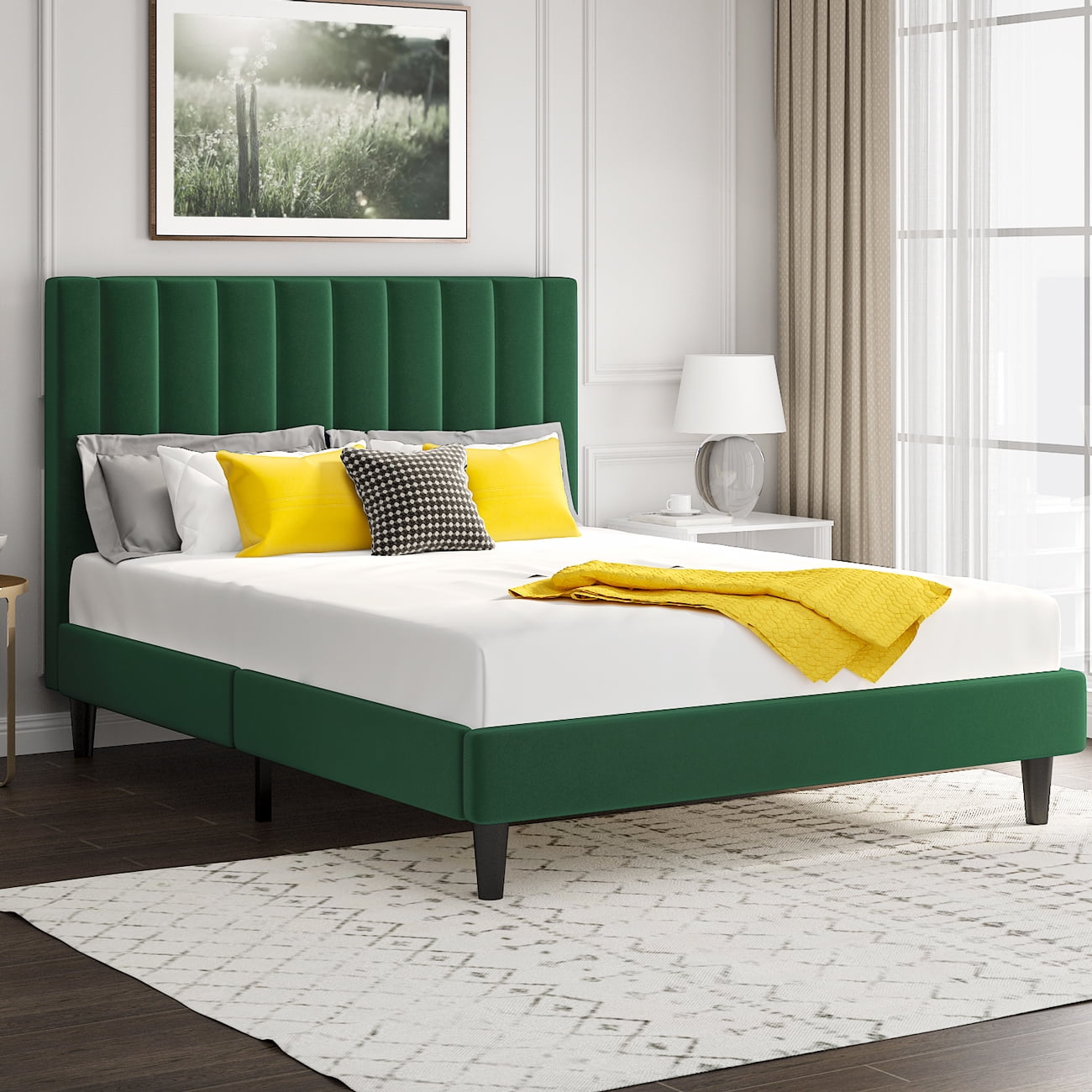 SHA CERLIN Queen Size Velvet Platform Bed Frame With Vertical Channel ...