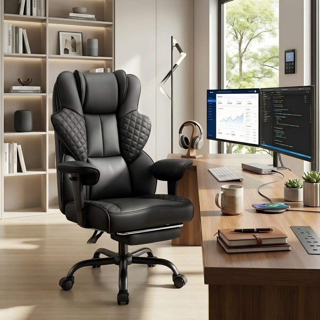 FelixKing Big and Tall Office Chair 500lbs Ergonomic Desk Chair with Footrest, 4D Lumbar Support Gaming Chair, Scratch-Resistant Black Leather Reclining Swivel Computer Chair for Home Office