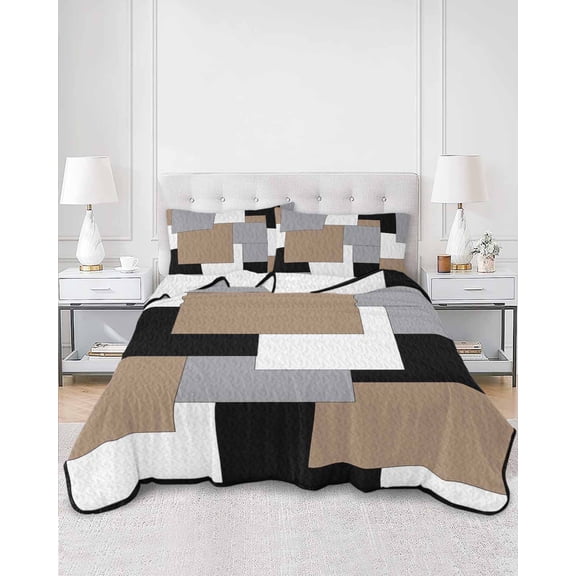 Quilts Twin XL Size, Brown Black Grey Soft Comforter Bedding Set for Bed, Middle Century Irregular Geo Abstract Art Lightweight Quilted Bedspread with Pillow Cover(2 Pieces), 68x98 Inch