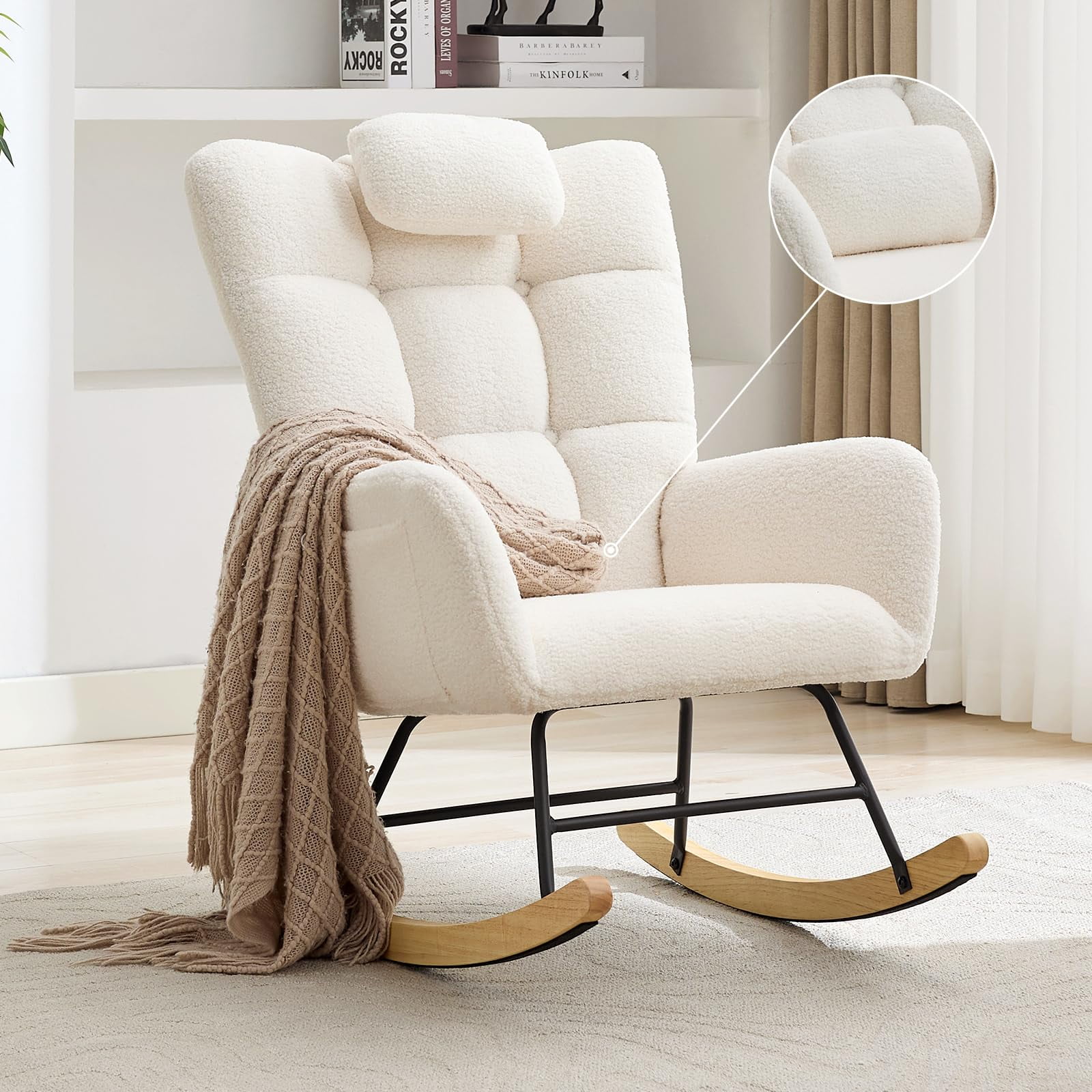 Nursery Rocking Chair, Comfort Glider Rocker with High Backrest Armchair Padded Seat, Accent Chair for Nursery Living Room Bedroom Offices Small Spaces Indoor, White Without Ottoman