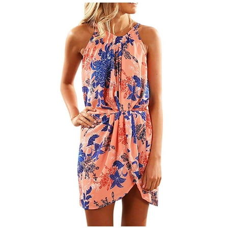 

Wedding Guest Dresses for Women White Dress Women Fashion Halter Round-Neck Printing Sleeveless Drawstring Casual Dresses Summer Savings Clearance 2022 Dress Pants Women Midi Dresses Pink XL