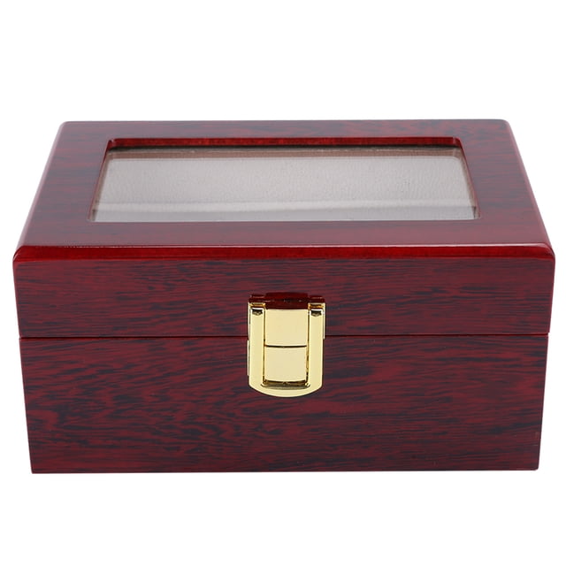 Caja expositora de relojes de madera con 3 rejillas, caja de almacenamiento para relojes con ventana transparente (rojo)