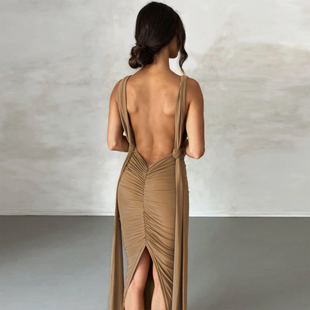 Vestido Dividido De Damas Vestido ajustado de noche para mujer Vestido sin espalda sexy con escote en V profundo (Caqui S) Cgtredaw para Mujer Caqui T M
