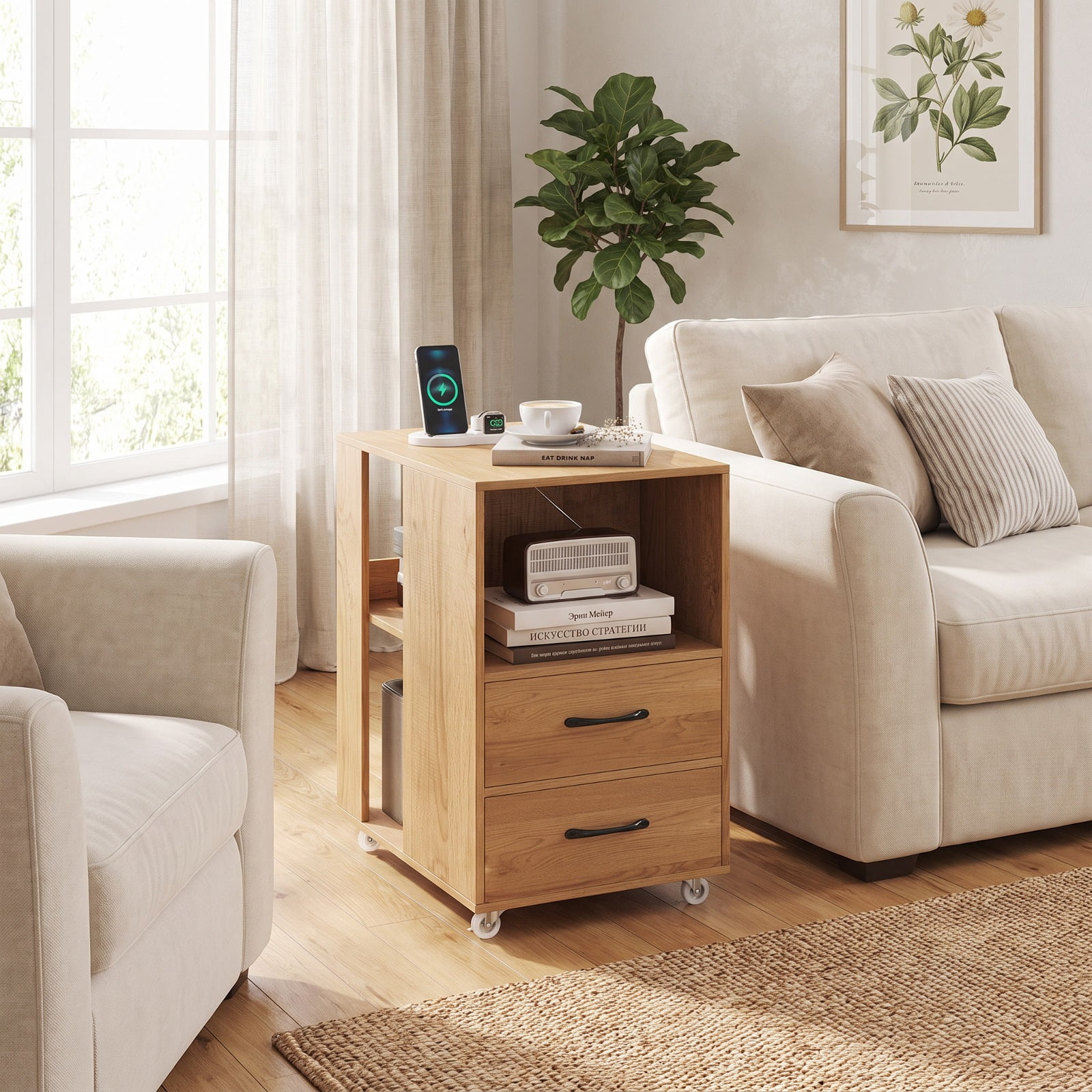 Furnibear Mobile Bedside Table with Charging Station 2 Drawers and Open Shelves End Table on Wheels for Bedroom Sofa Side, Natural