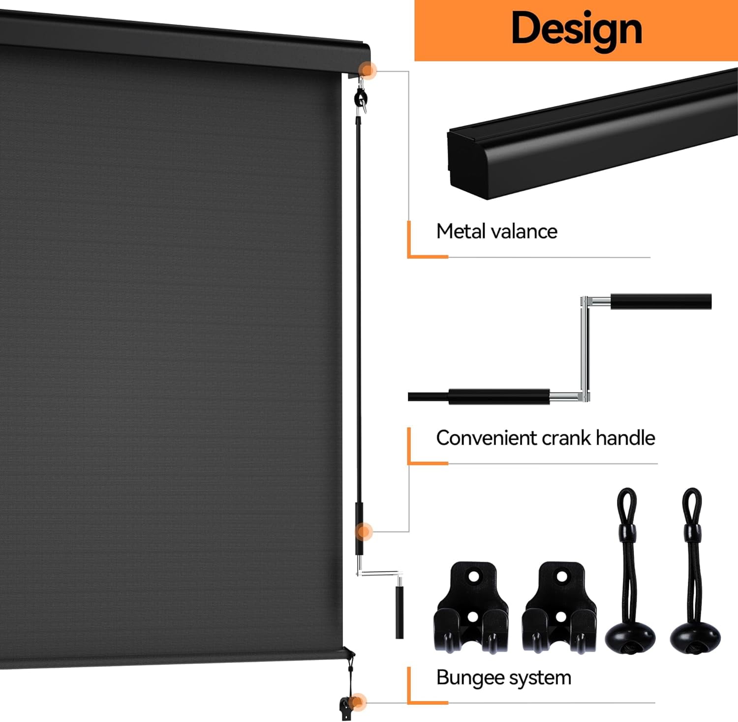 Heynemo 6'x6' Crank Outdoor Roller Shade, UV Protection Cordless Patio Roll Up Blind with Metal Valance for Porch Deck Pergola, Black