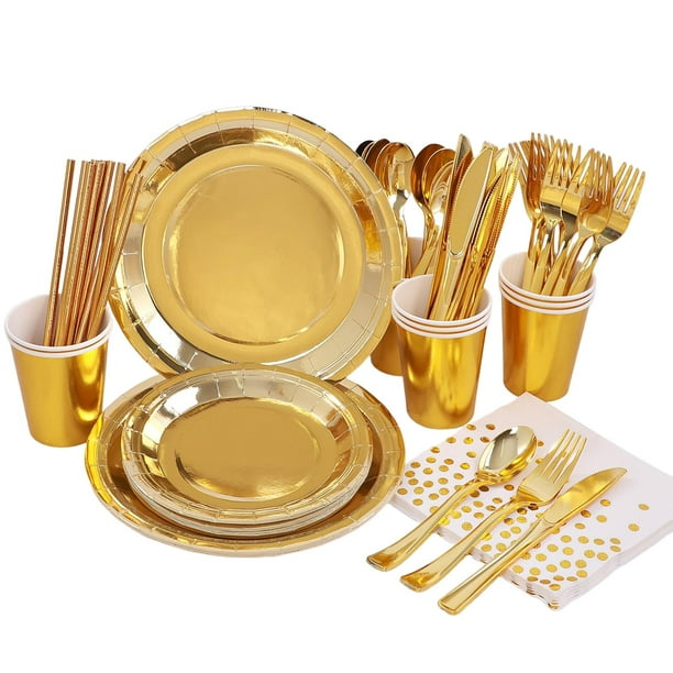 Vajilla desechable, suministros de decoración, vasos de papel, cucharas, tenedores, platos resistentes, siete juegos para catering, eventos, bodas, cenas, bares, festivales. Oro