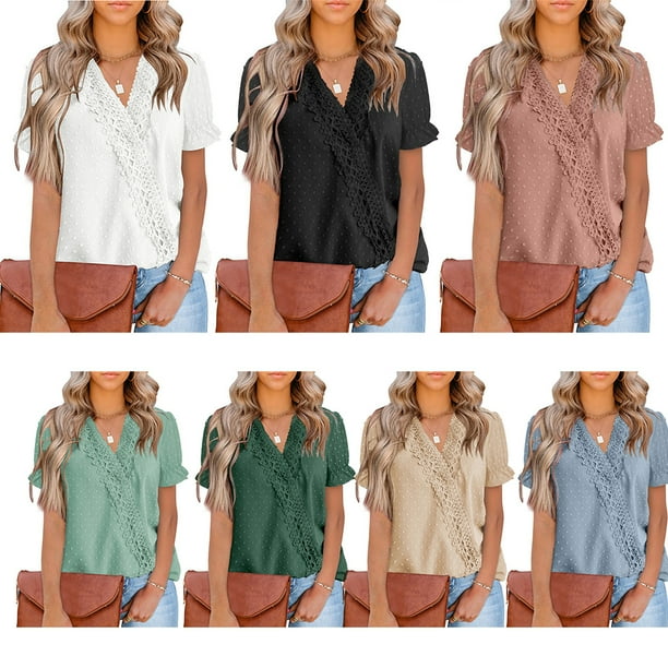 Qarigey Camisa de manga corta para mujer con cuello en V de verano de color solido Tops Blusa Accesorios Ropa zapatos y accesorios Miscelanea Rosa oscuro S Walmart en linea