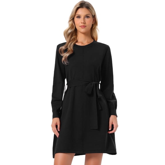 DARING DIVA Women's Knitted Sweater Crew Neck Midi with Belt Dress XS Black
