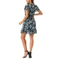 thumbnail image 3 of INSPIRE CHIC Women's Ruffle Sleeve Self-Tie V Neck Above Knee Ruffled A-Line Floral Chiffon Dress L Navy Blue, 3 of 6