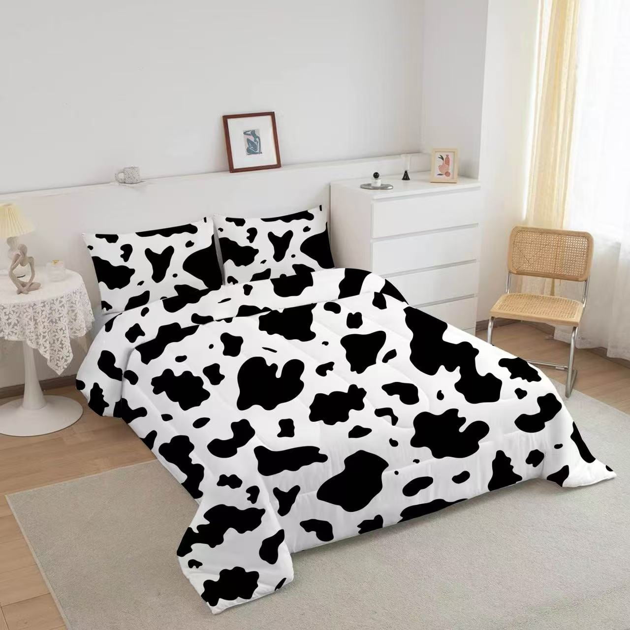 Psoiuetr Black and White Cow Comforter Set Full Size Wild Animal Farmhouse Rustic Cowhide Bedding Sets with 2 Pillowcases for Kids Teens Boys Girls 3 Pieces