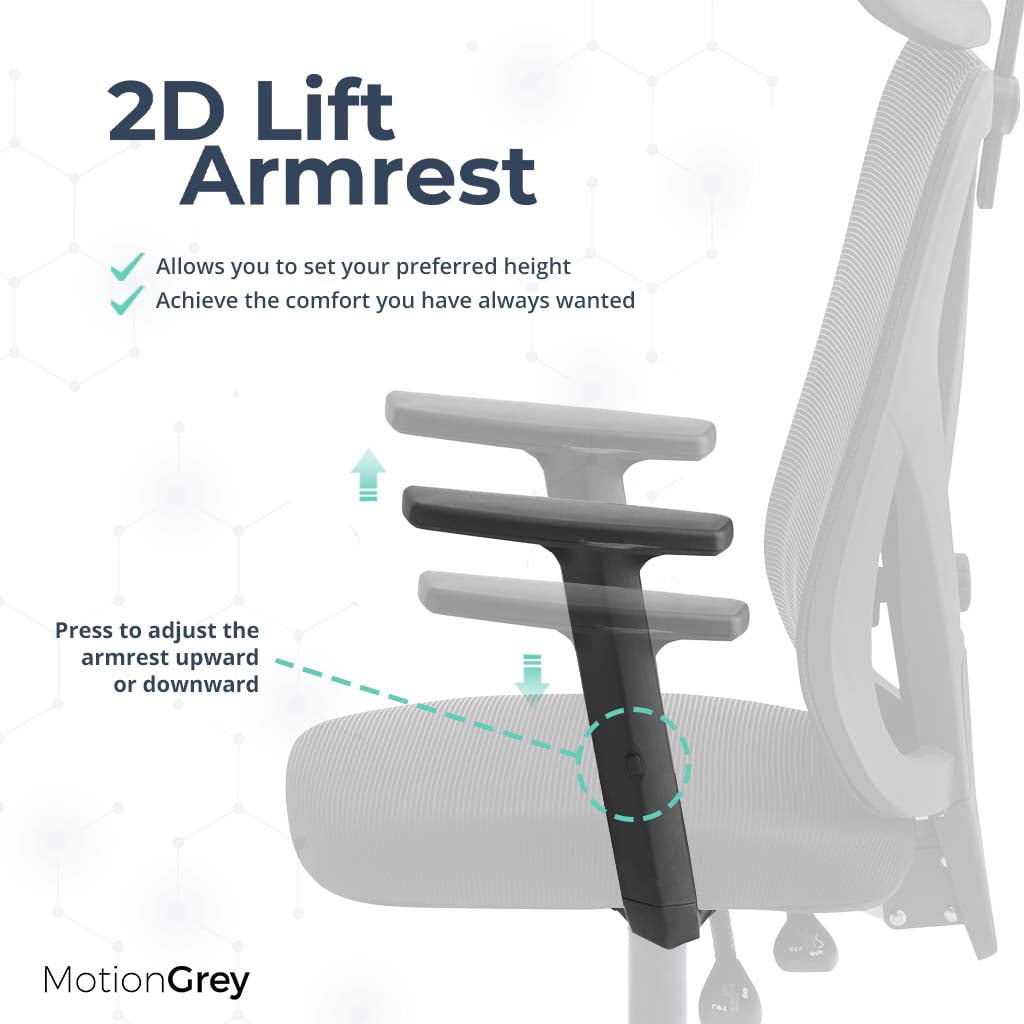 MotionGrey Stylish Ergonomic High Mesh Office Chair with Adjustable Head, Armrest & Lumbar Support - Advanced