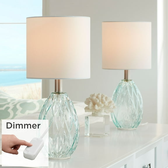 360 Lighting Rita Modern Accent Table Lamps 14 3/4" High Set of 2 Blue Green Glass with Table Top Dimmers White Drum Shade for Bedroom Living Room