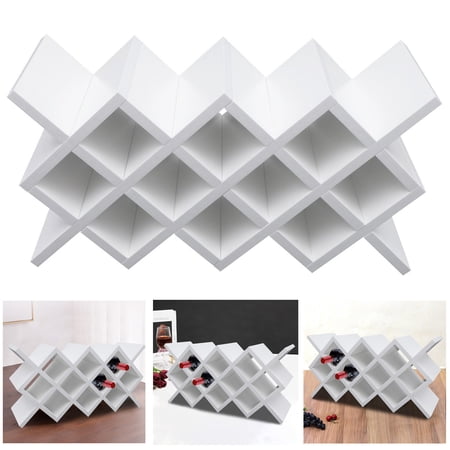 10 Bottle Wine Rack Countertop – Horizontal Wood Wine Holder, Diamond Grid Storage Shelf, White Tabletop Wine Organizer for Kitchen, Bar, Pantry, Free Standing, Easy Assembly (No Tools)