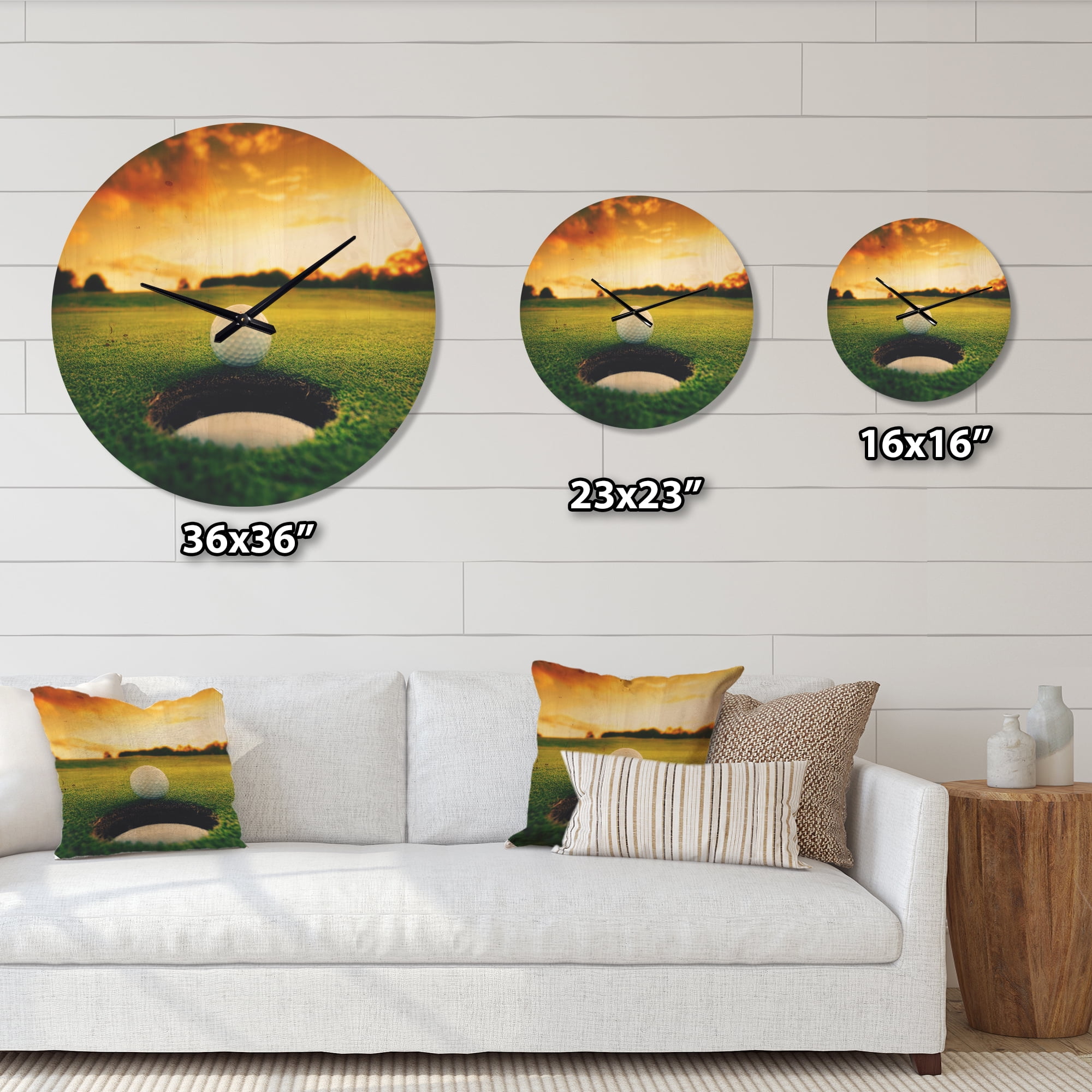 Designart 'Golf Ball Near Hole With Sunset Lights' Modern Wood Wall Clock
