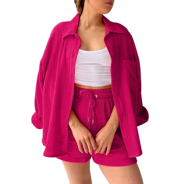 Conjunto de camisa holgada de solapa y un solo pecho + pantalones rectos de cintura alta para mujer - Mezcla de algodón, transpirable, mangas 7/8