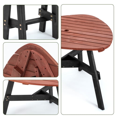 6-Person Semi-Circular Outdoor Picnic Table Set, Solid Fir Wood Dining Table with 3 Built-in Benches and Center Umbrella Hole, Rustic Brown Tabletop & Black Legs